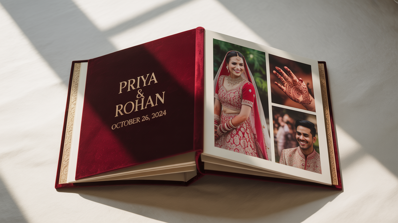 A photorealistic mockup of an open, luxurious Indian wedding album with a red velvet cover, displaying beautifully designed pages with photos of a wedding couple on a clean white background.