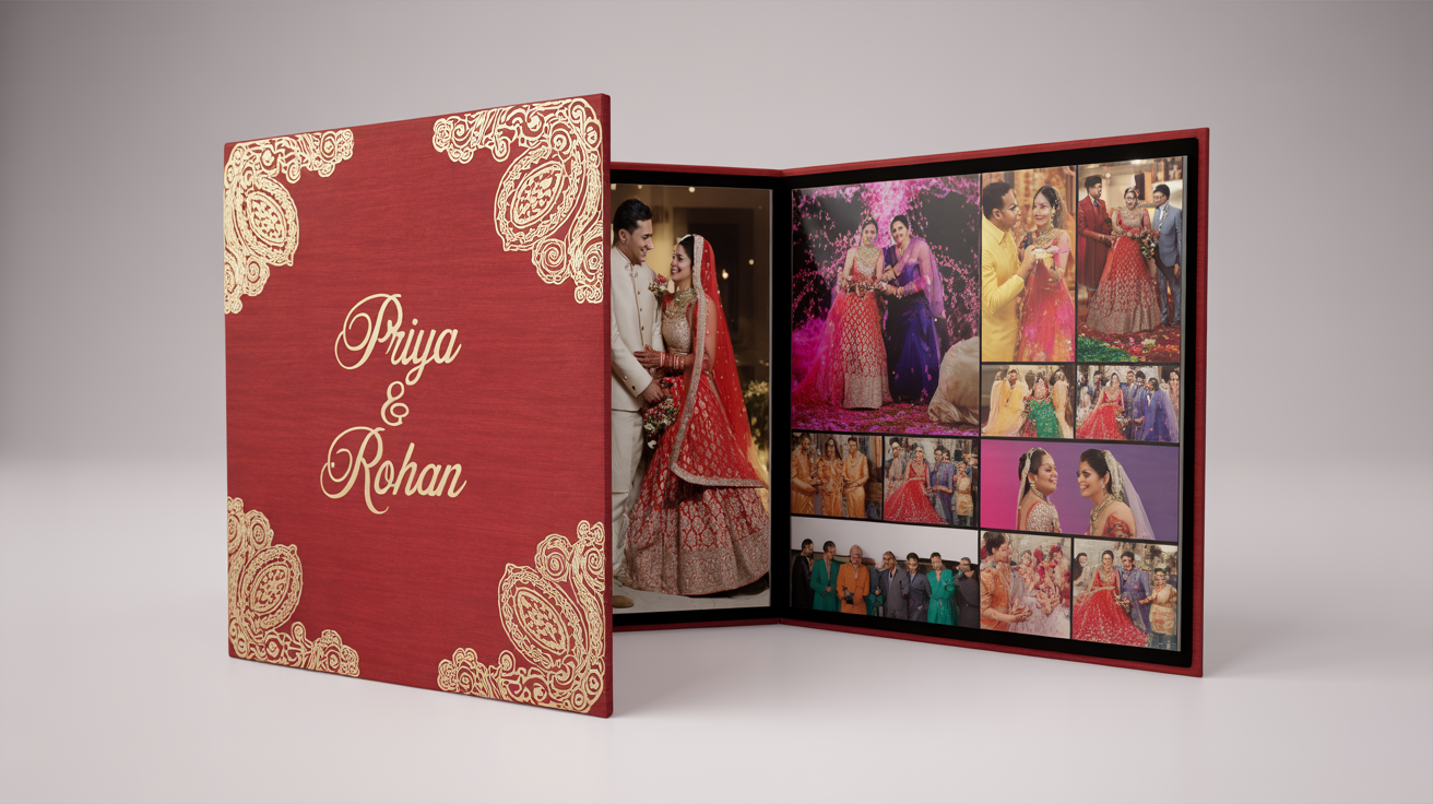 A luxurious open Indian wedding photo album with a red and gold cover, displaying vibrant, professionally designed pages with photos from a wedding ceremony and celebration, set against a clean white background.