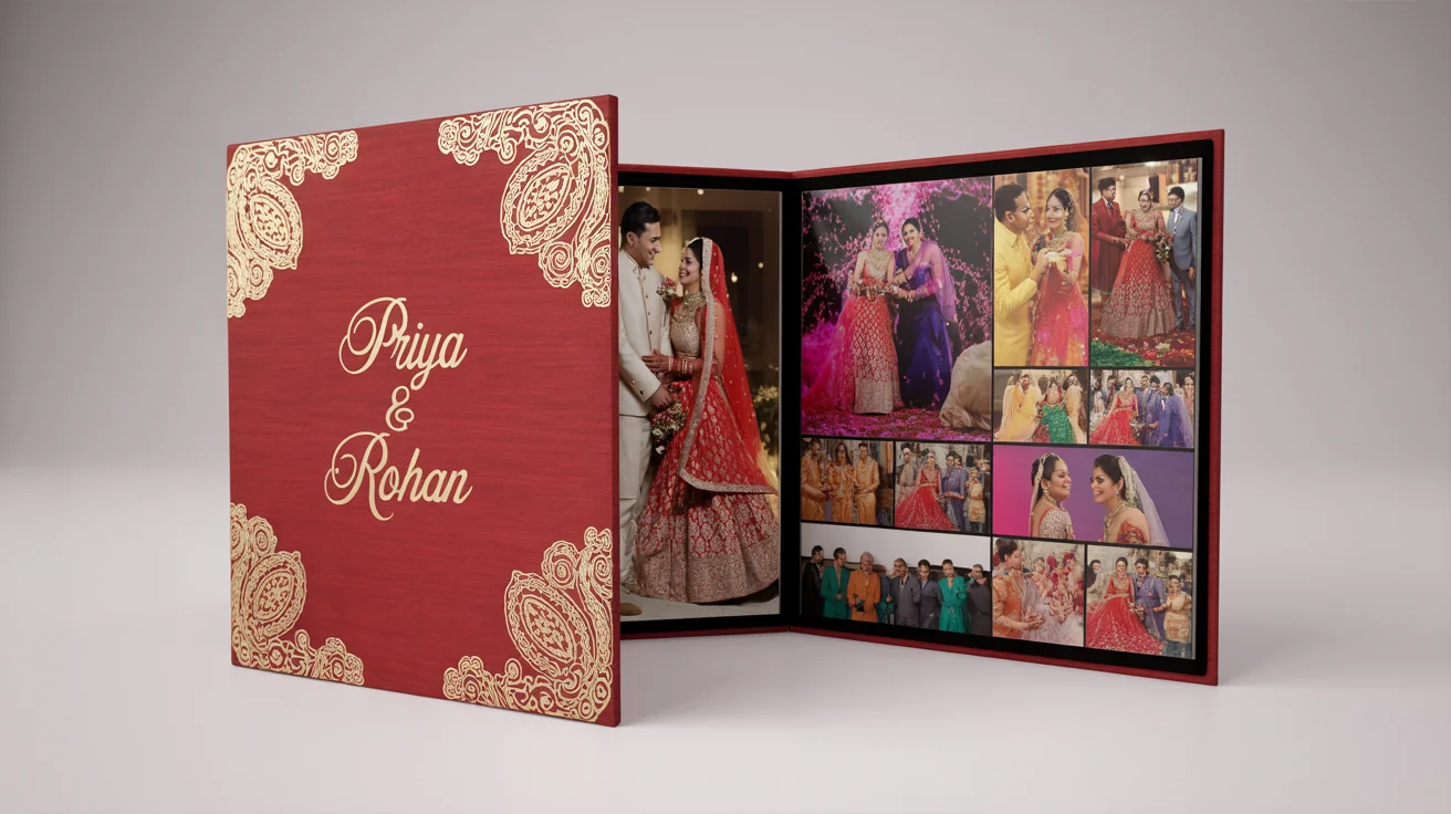 A luxurious open Indian wedding photo album with a red and gold cover, displaying vibrant, professionally designed pages with photos from a wedding ceremony and celebration, set against a clean white background.