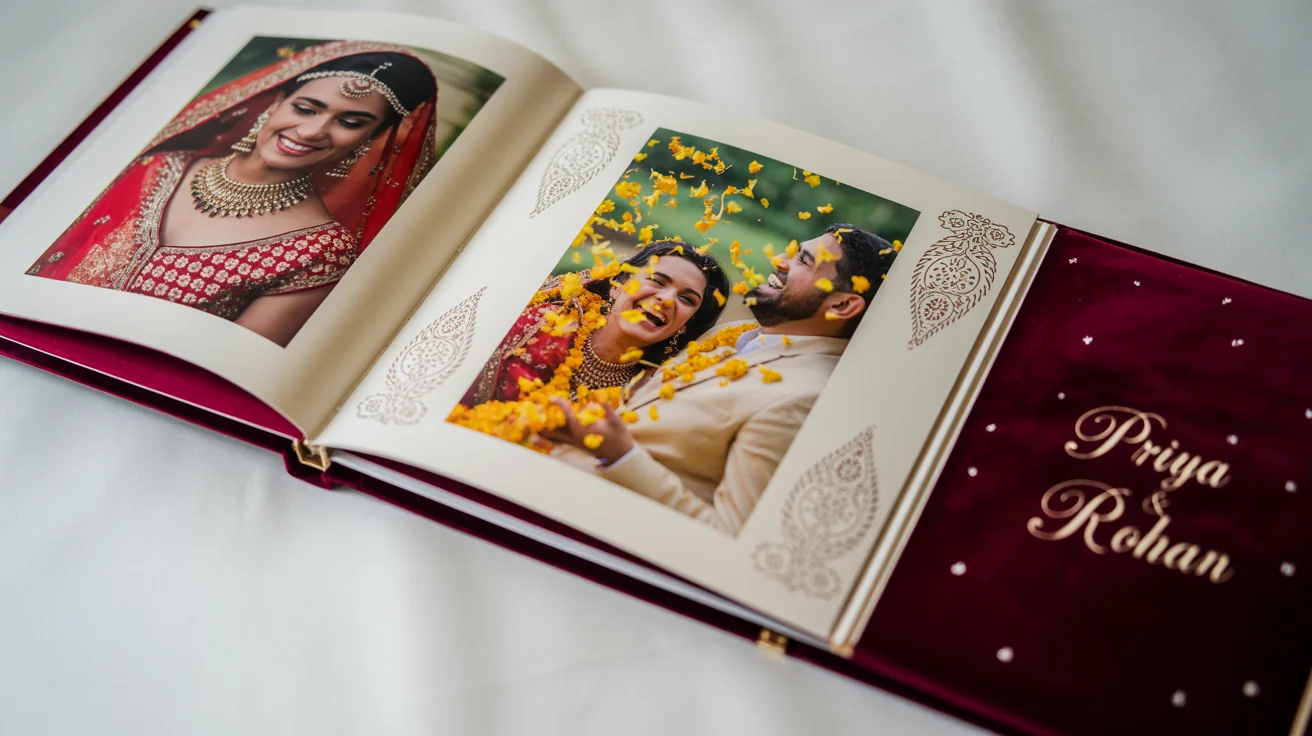 An open, luxurious Indian wedding photo album showcasing a beautifully designed two-page spread with photos of a bride and a couple, set against a clean white background.