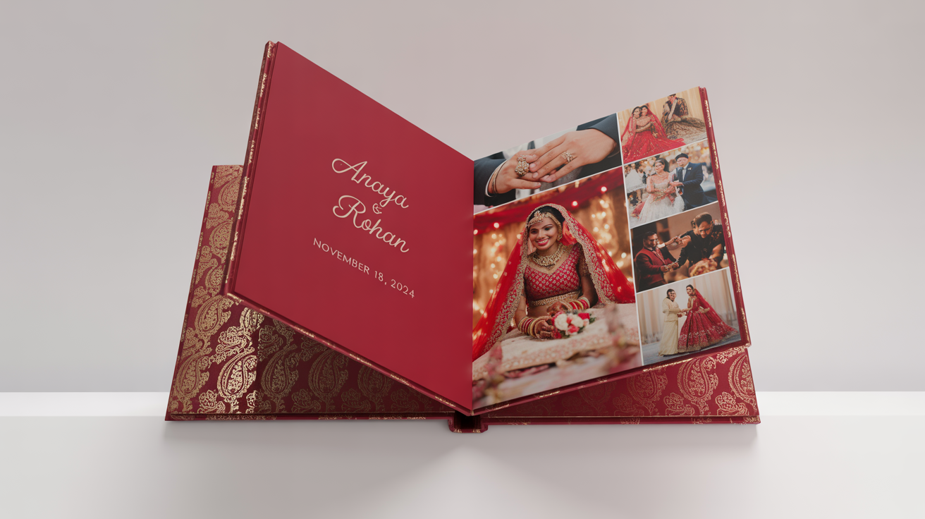 An open, luxurious Indian wedding album displayed on a white background. The pages show professionally designed layouts with vibrant photos of a bride and groom in traditional Indian wedding attire, with their names and wedding date printed in gold script.