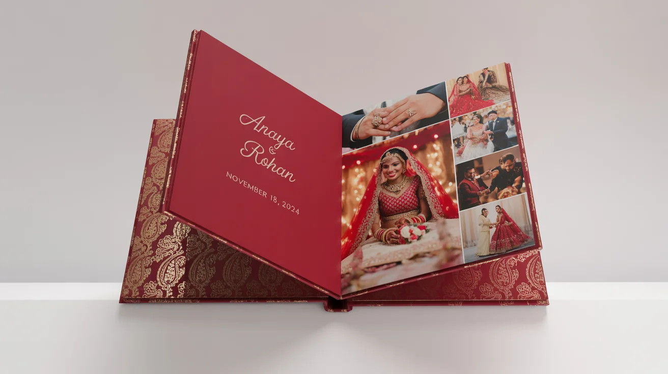 An open, luxurious Indian wedding album displayed on a white background. The pages show professionally designed layouts with vibrant photos of a bride and groom in traditional Indian wedding attire, with their names and wedding date printed in gold script.