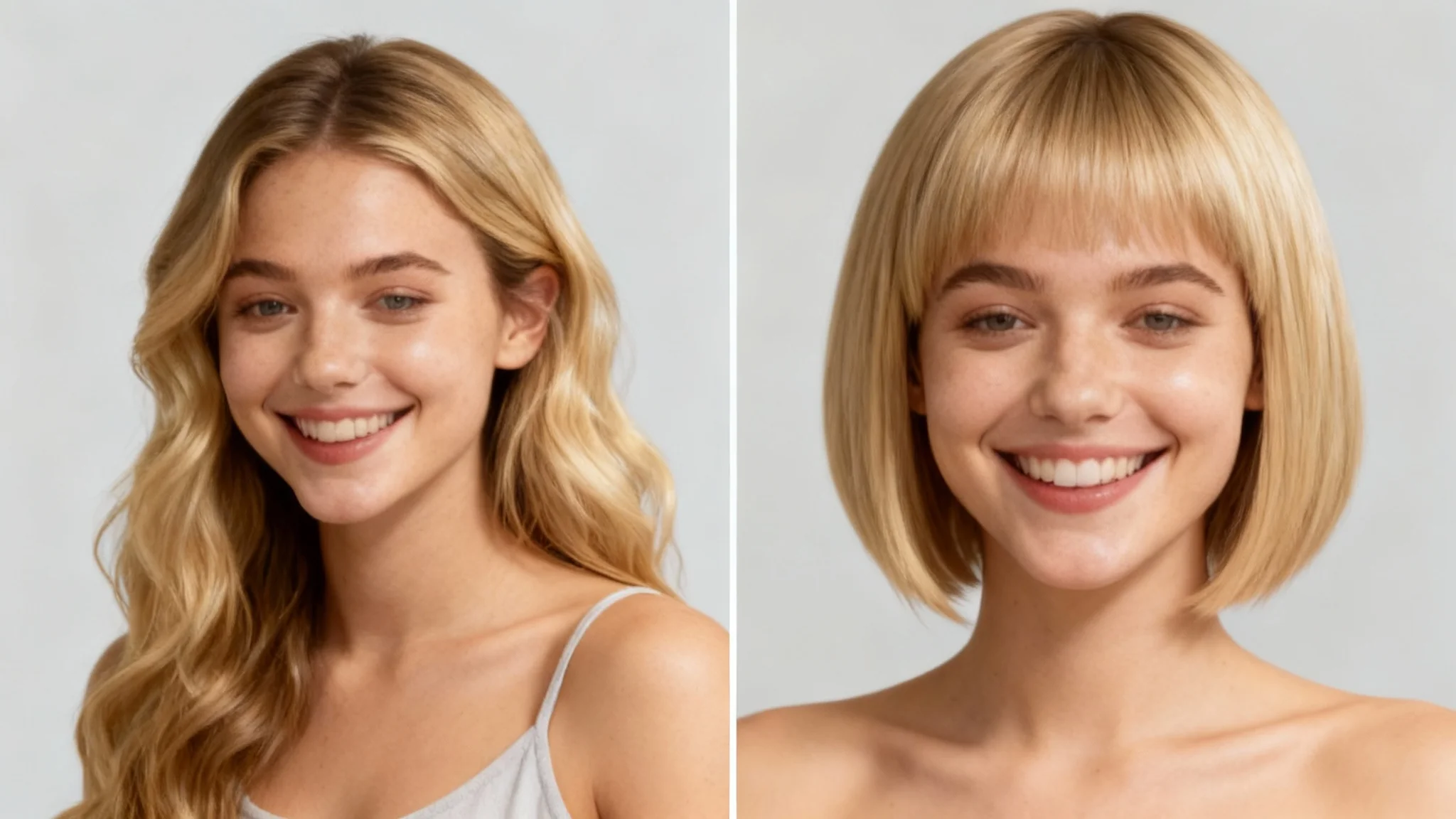 A side-by-side comparison image showing a woman before and after a virtual haircut. On the left, she has long, wavy blonde hair, and on the right, she has a stylish short blonde bob.