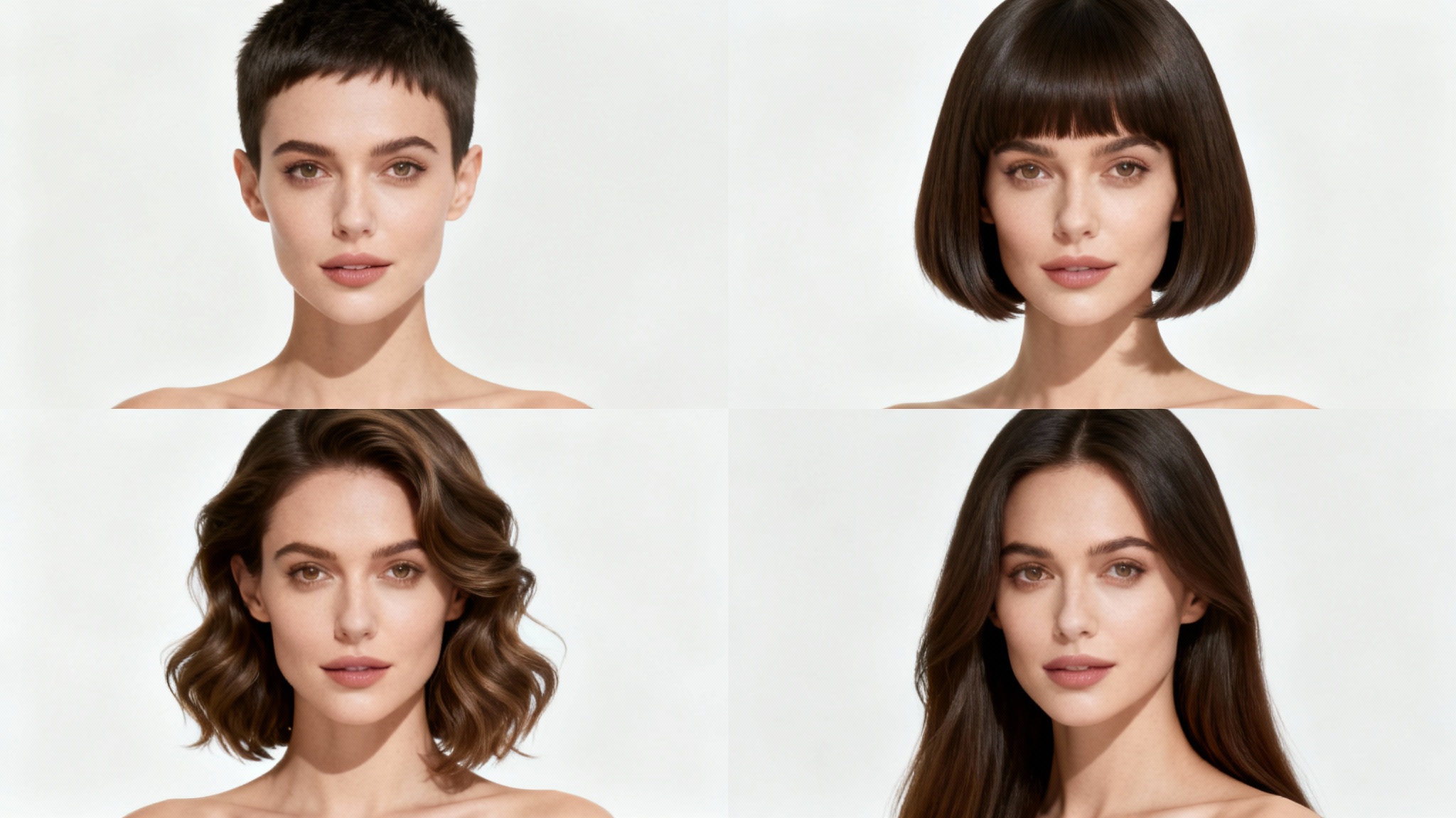 A composite image showing the same woman with four different hairstyles to illustrate varying lengths: a pixie cut, a bob, shoulder-length hair, and long hair.