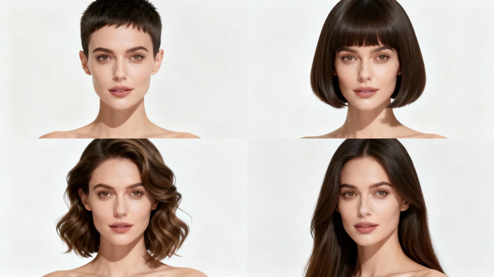 A composite image showing the same woman with four different hairstyles to illustrate varying lengths: a pixie cut, a bob, shoulder-length hair, and long hair.