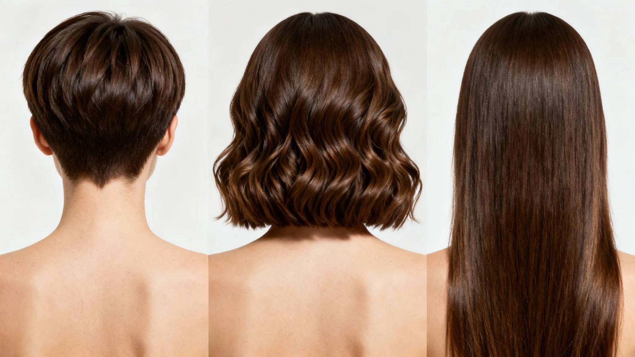 An artistic representation of different hair lengths on a single woman's head, shown from the back against a white background, transitioning from a pixie cut to long hair.