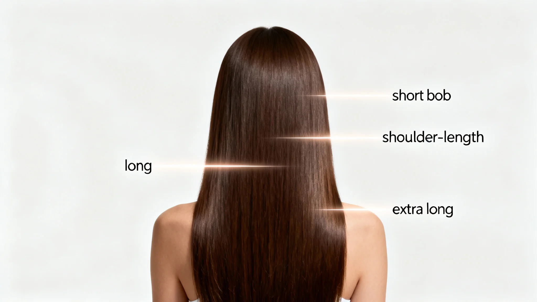 A woman seen from the back, with her straight brown hair showing a progression of different lengths from a short bob to waist-length, against a plain white background.