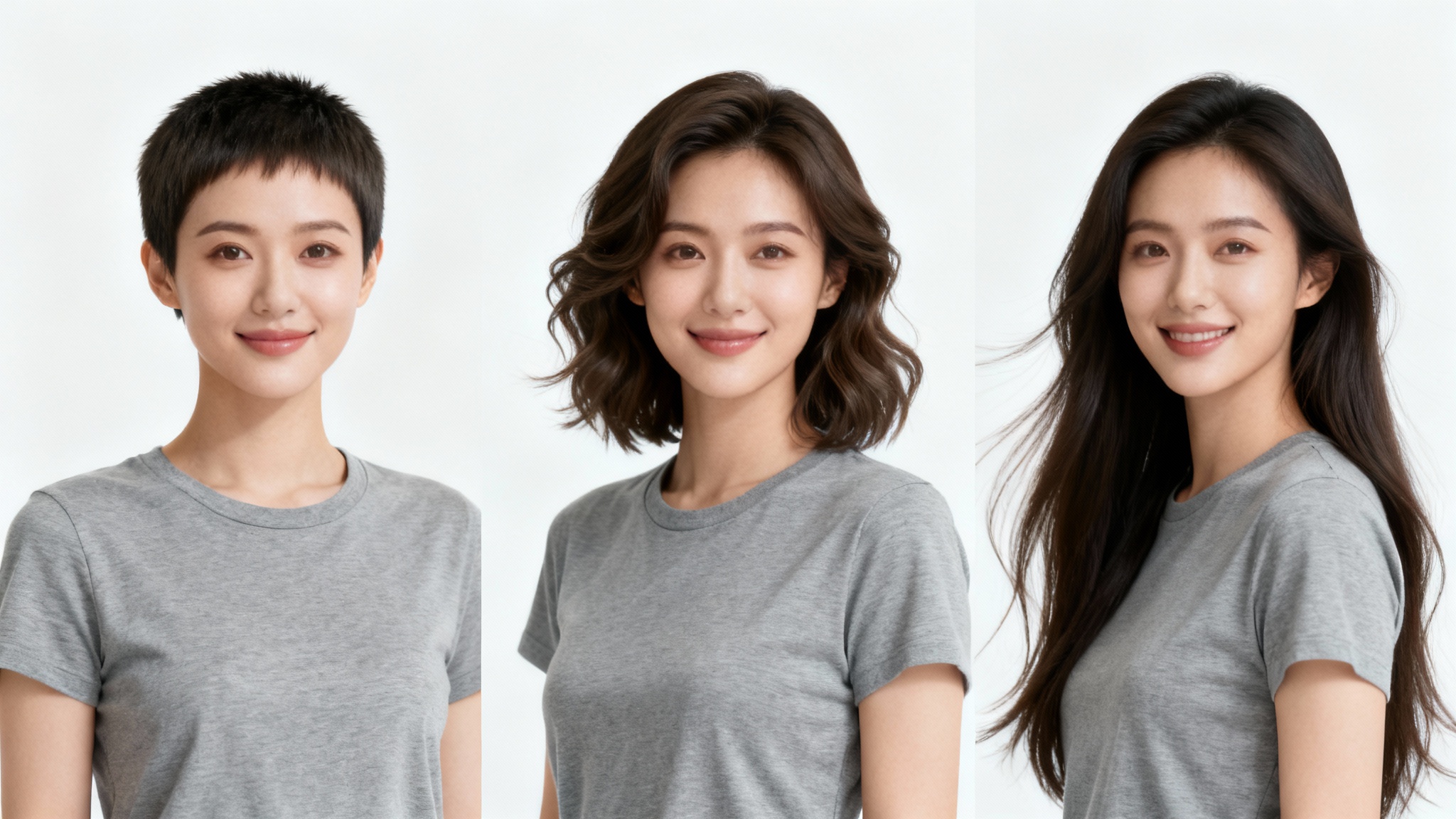 A three-panel image demonstrating different hair lengths on the same woman. The first panel shows her with a pixie cut, the second with shoulder-length hair, and the third with very long hair, all against a plain white background.