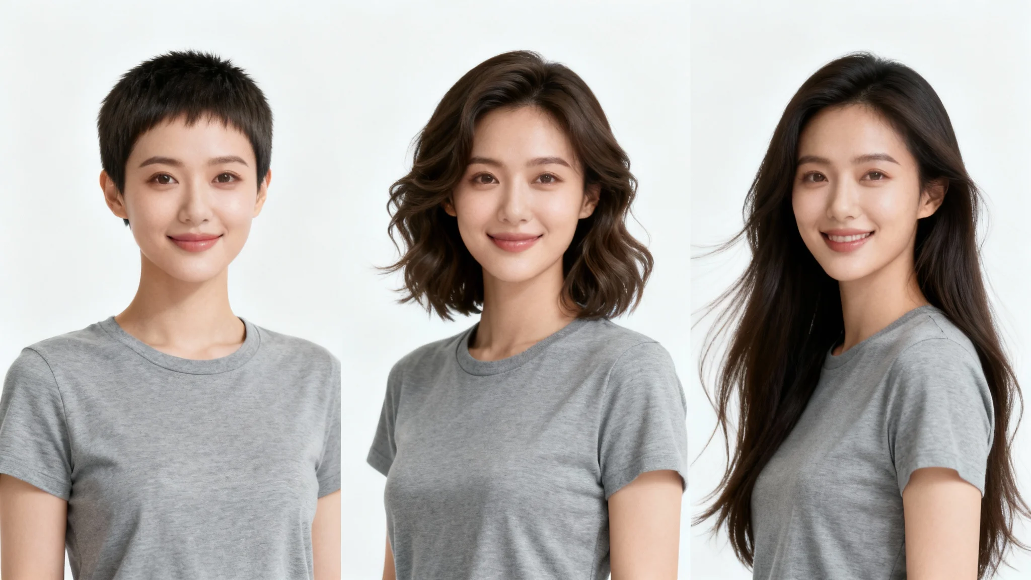 A three-panel image demonstrating different hair lengths on the same woman. The first panel shows her with a pixie cut, the second with shoulder-length hair, and the third with very long hair, all against a plain white background.