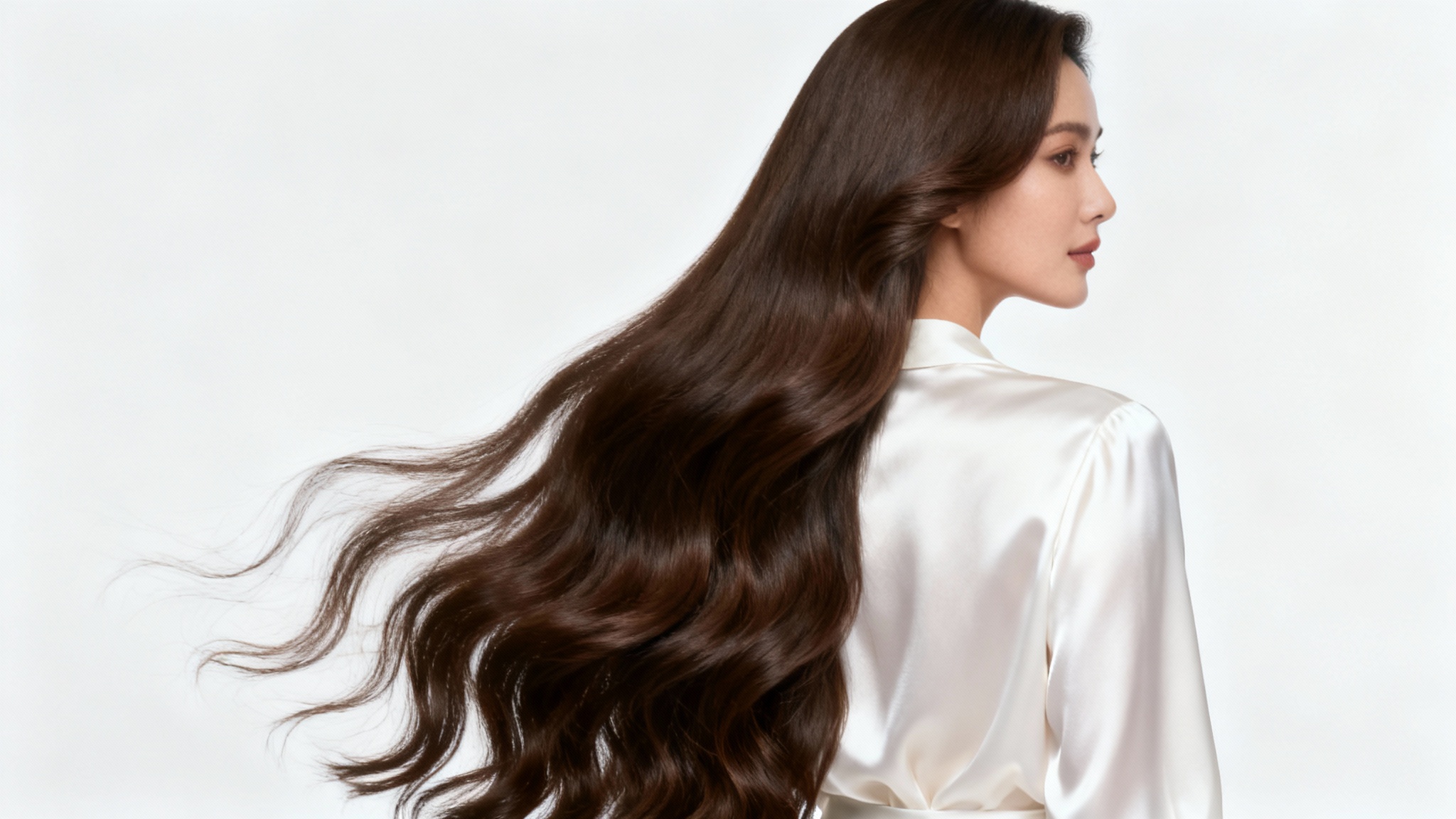 A woman with very long, wavy brown hair flowing down her back, shown from a three-quarters view against a clean white background.
