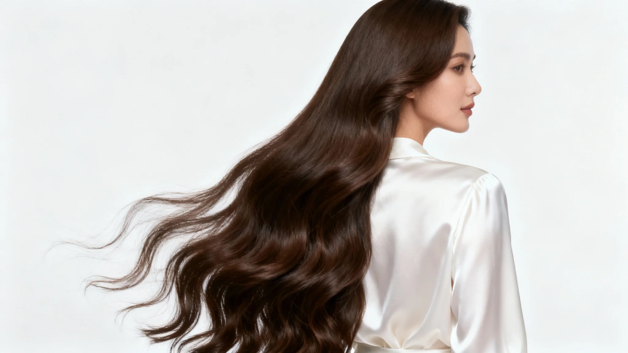 A woman with very long, wavy brown hair flowing down her back, shown from a three-quarters view against a clean white background.