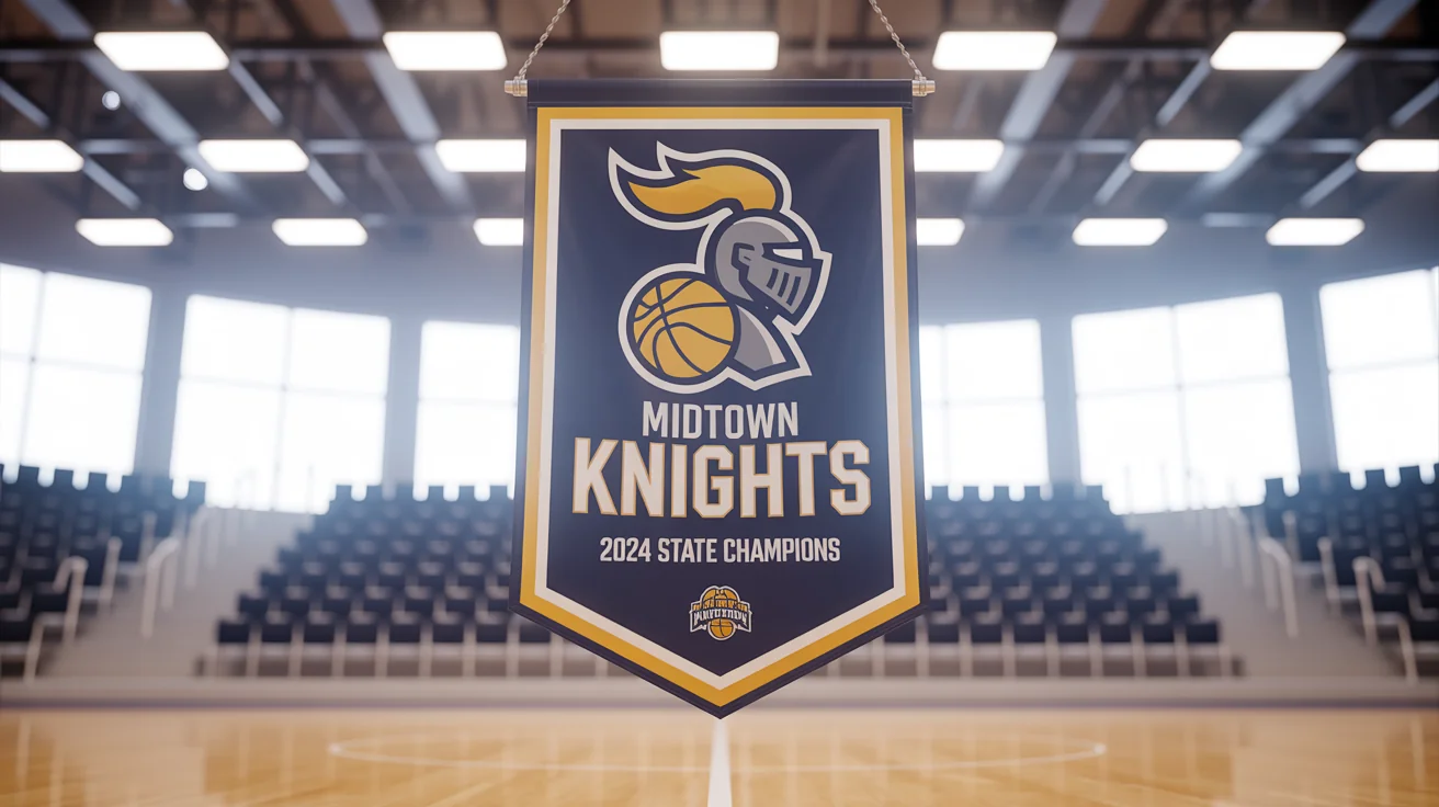 A blue and gold championship banner for the 'Midtown Knights 2024 State Champions' hanging in a brightly lit gymnasium, showcasing a professional design.