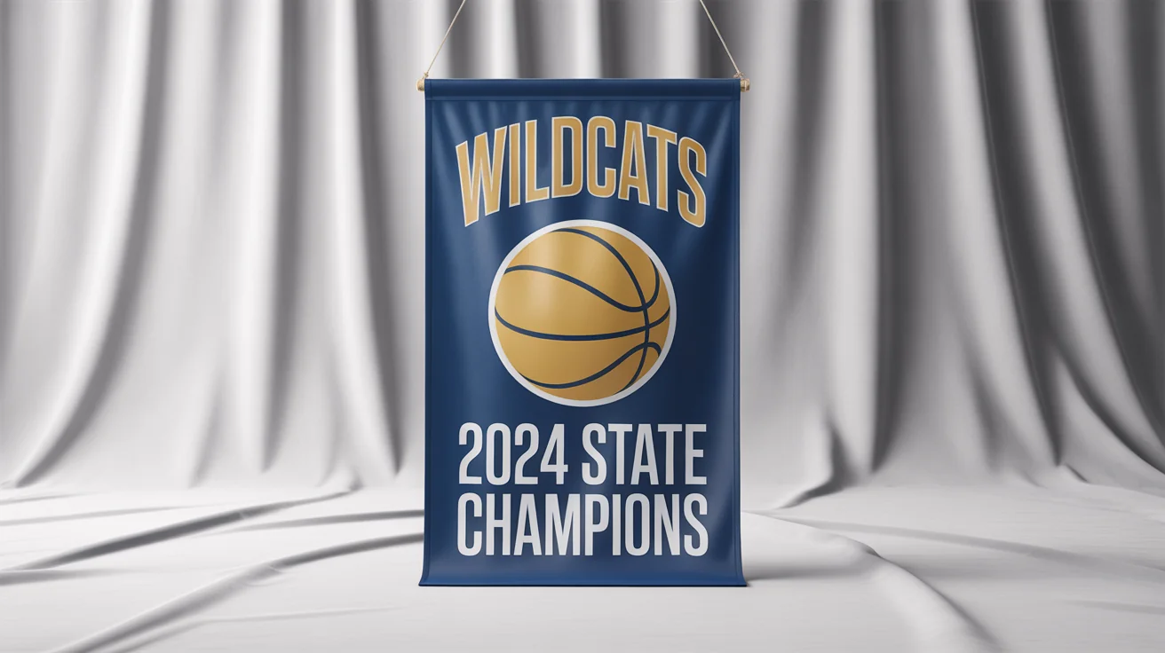 A photorealistic mockup of a navy blue championship banner celebrating the 'WILDCATS' as '2024 STATE CHAMPIONS', displayed against a clean white background.