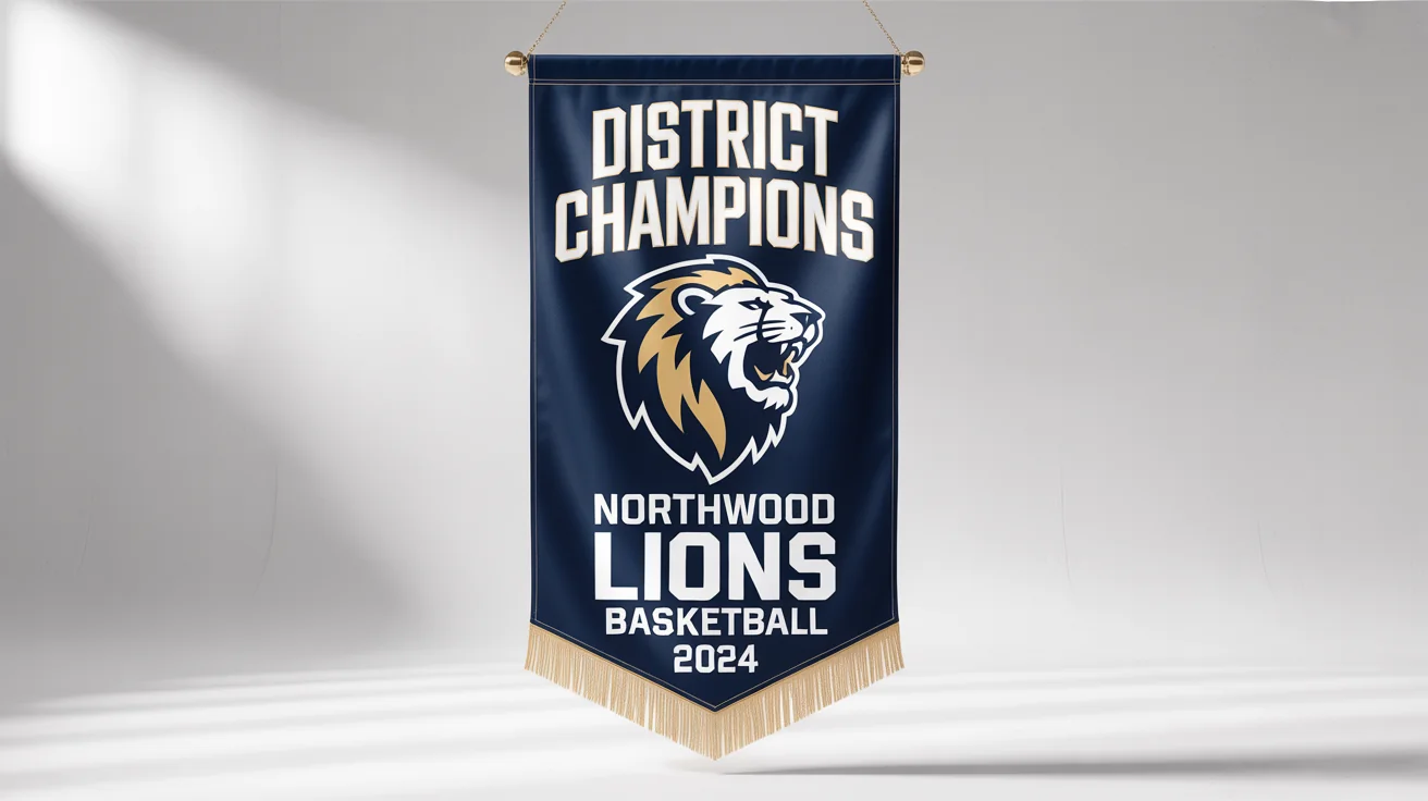 A professional mockup of a navy blue and gold basketball championship banner for the 'Northwood Lions', celebrating their 2024 district championship, displayed on a white background.
