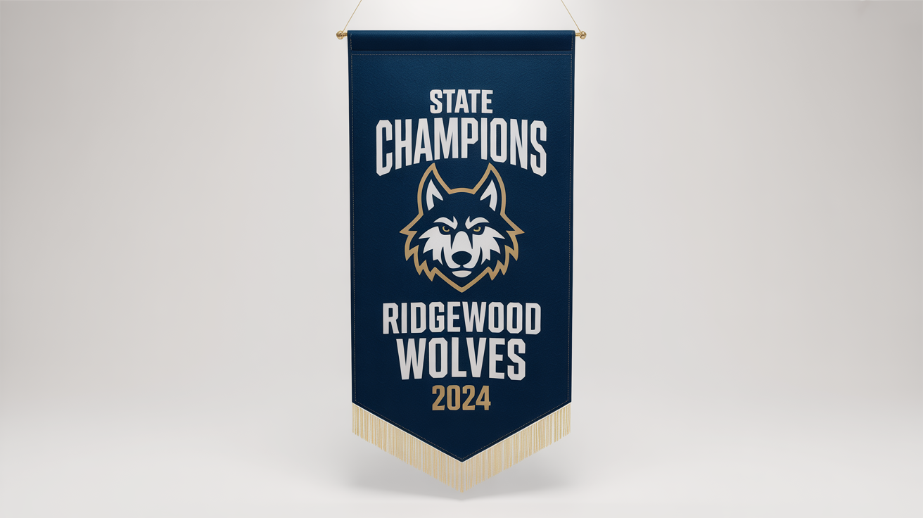 A professional sports championship banner for the 'RIDGEWOOD WOLVES' 2024 state basketball champions, displayed against a clean white background.
