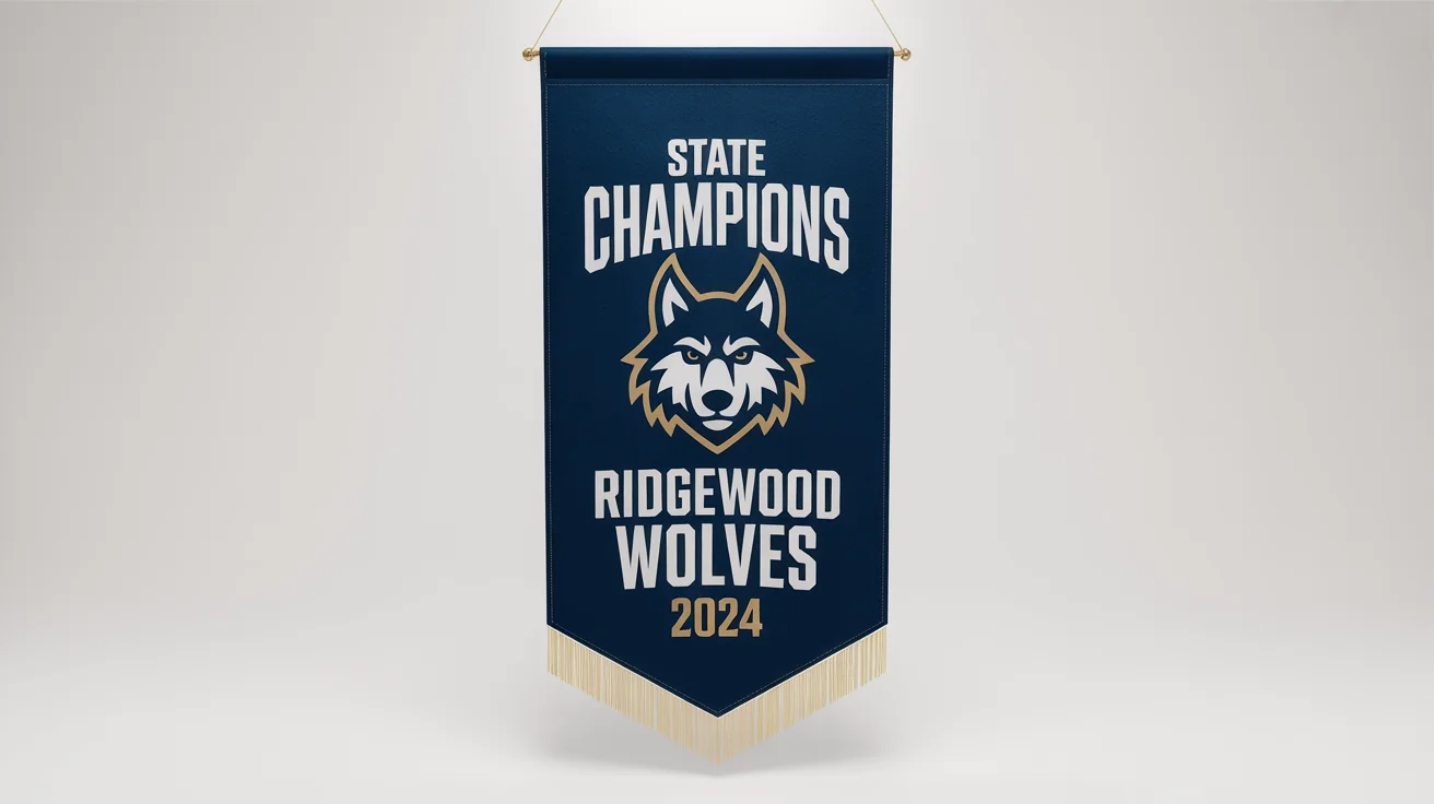 A professional sports championship banner for the 'RIDGEWOOD WOLVES' 2024 state basketball champions, displayed against a clean white background.