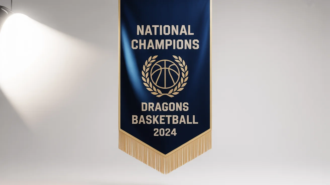 A photorealistic mockup of a navy blue and gold vertical championship banner celebrating the 'Dragons Basketball' team as 'National Champions 2024', set against a white background.