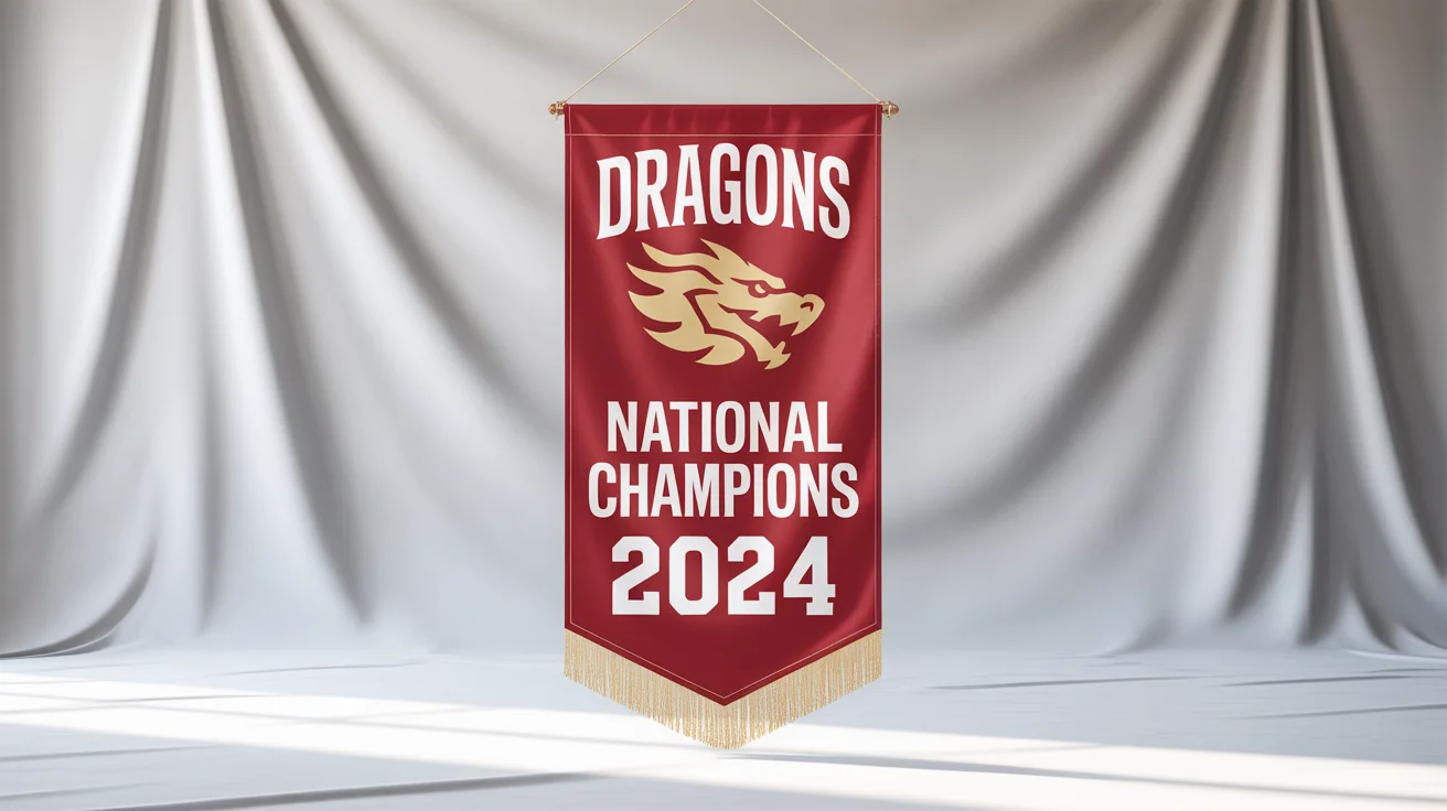A professional mockup of a crimson red and gold championship banner for the 'DRAGONS', celebrating their '2024 National Champions' victory, displayed against a plain white background.