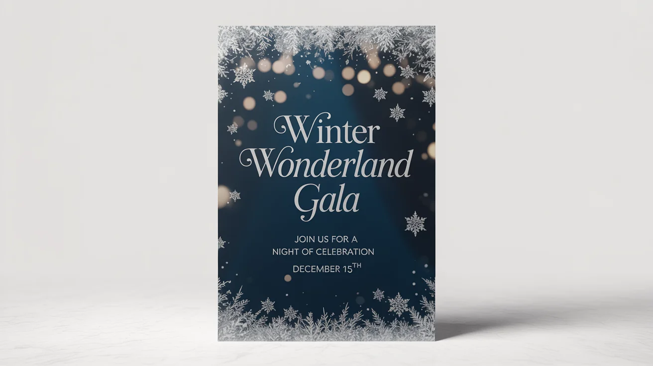 A professionally designed flyer for a 'Winter Wonderland Gala' holiday event, featuring elegant typography and snowflake motifs on a dark blue background, displayed on a clean white surface.