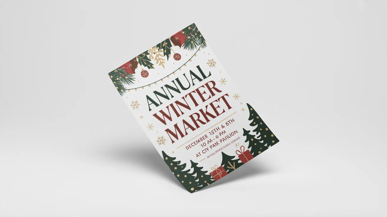 A professionally designed holiday flyer for an 'Annual Winter Market' event, showcased against a plain white background. The flyer features festive illustrations and legible event details.