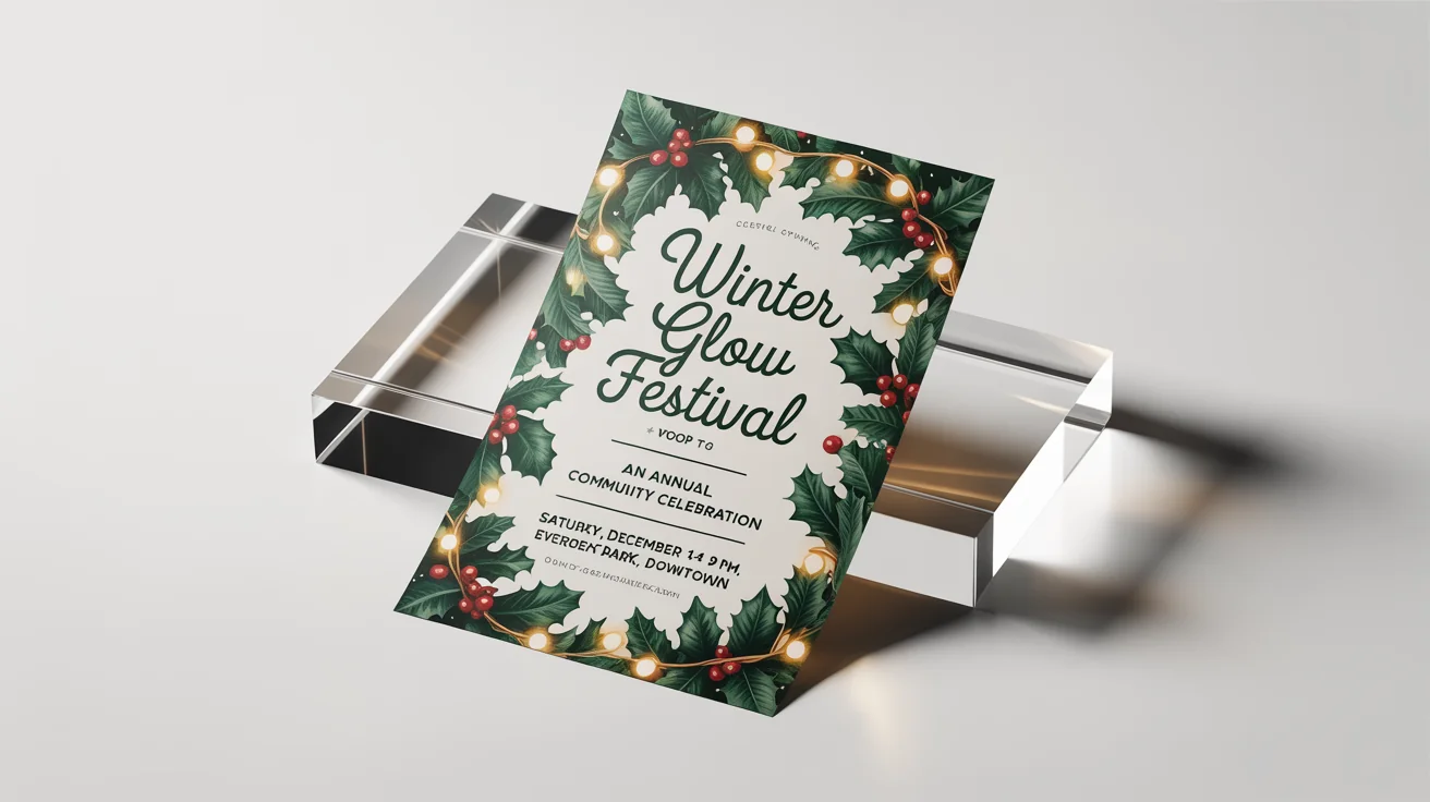 A professionally designed mockup of a holiday flyer for a 'Winter Glow Festival,' featuring festive colors like green and red with gold accents, displayed against a plain white background.
