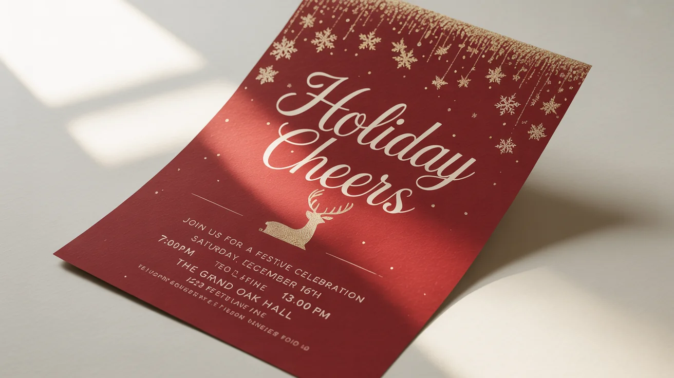 A festive holiday party flyer mockup for a 'Holiday Cheers' event, featuring elegant gold script and snowflake designs on a red background, displayed on a clean white surface.
