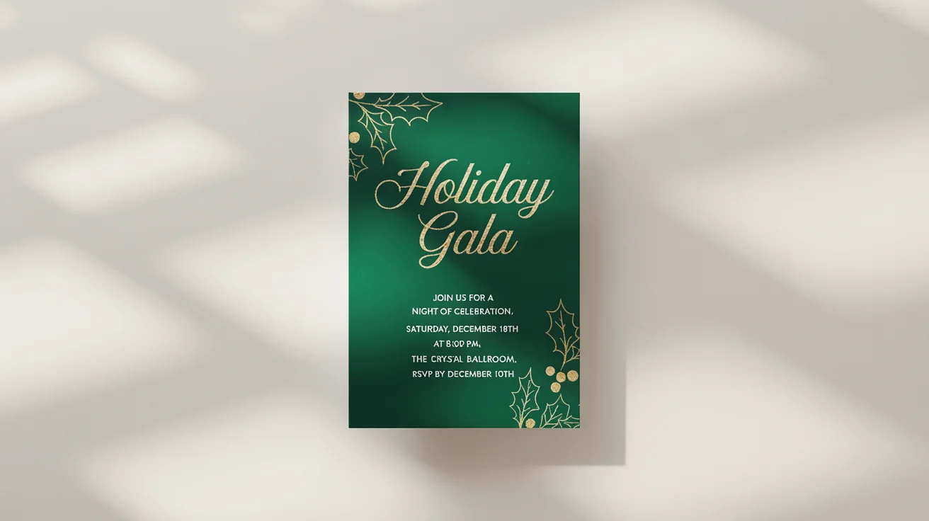 A mockup of an elegant holiday gala flyer with emerald green and gold foil design, featuring event details and festive holly graphics, displayed on a white background.