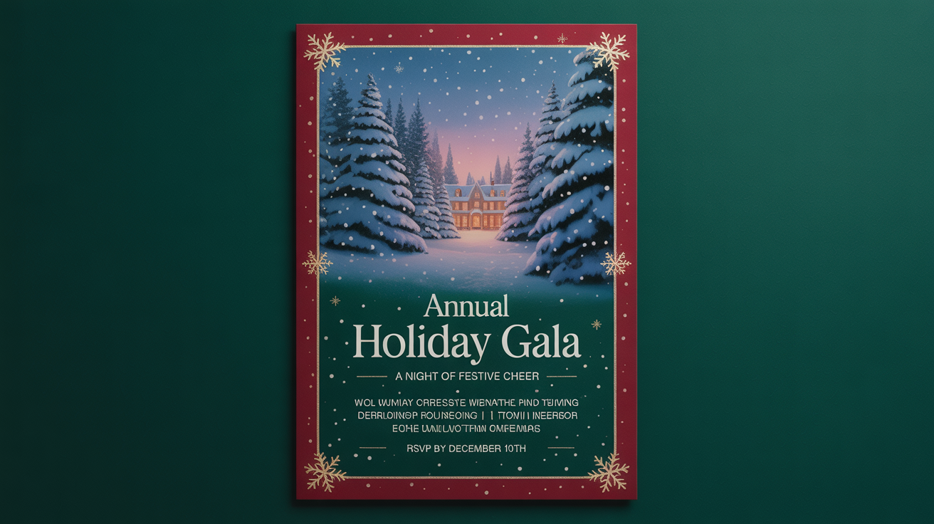A festive holiday gala flyer with red and gold accents, featuring event details like date and location, presented as a high-quality mockup on a white background.