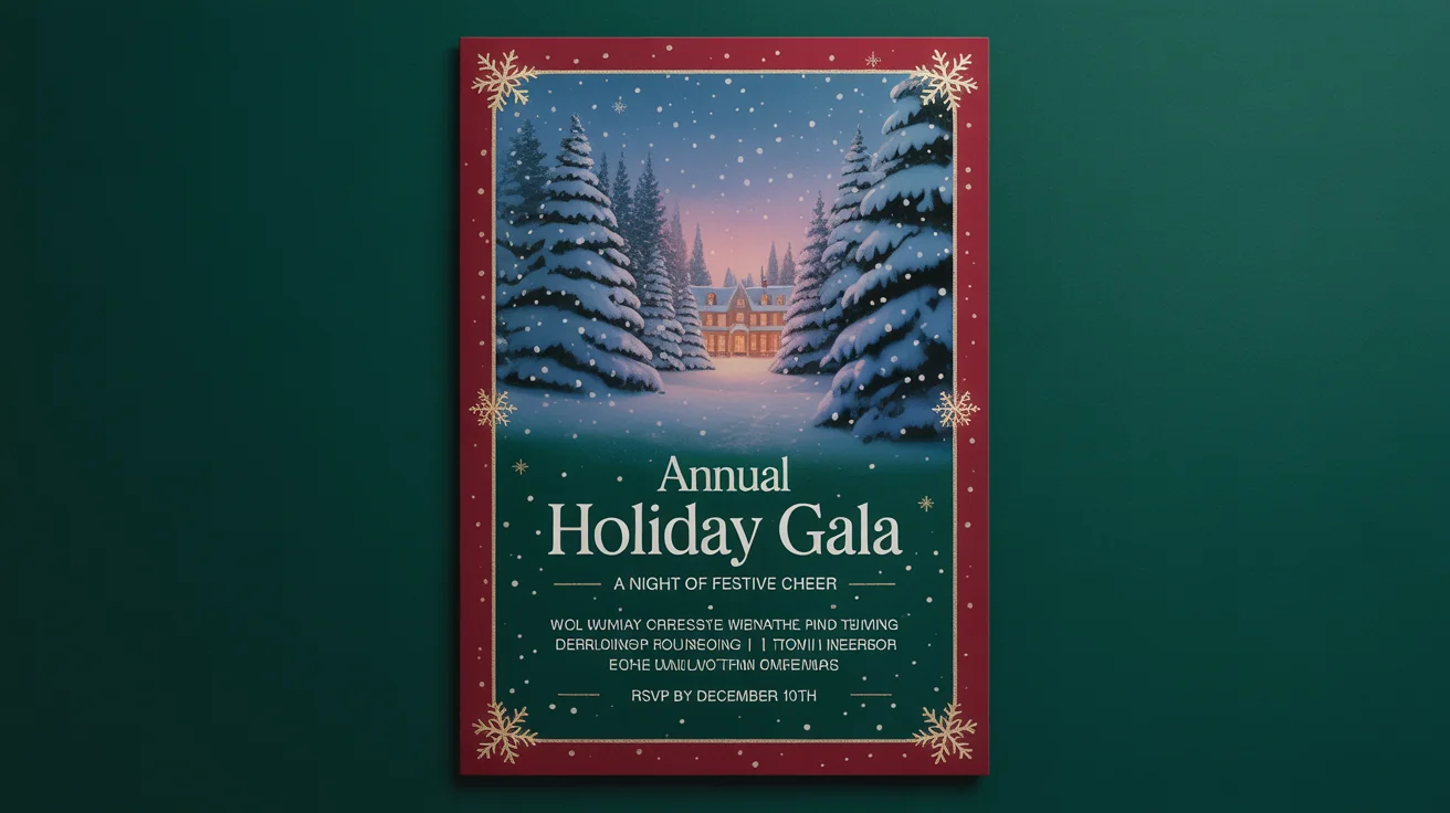 A festive holiday gala flyer with red and gold accents, featuring event details like date and location, presented as a high-quality mockup on a white background.