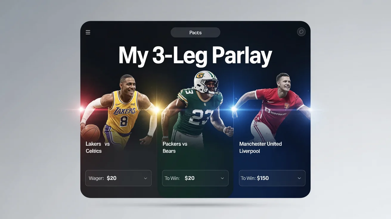 A professionally designed graphic showing a 3-leg sports parlay bet. The graphic highlights bets on the Lakers vs. Celtics, Packers vs. Bears, and Manchester United vs. Liverpool, with text indicating a $20 wager to win $150.