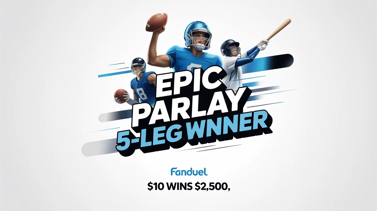 A mockup of a FanDuel sports graphic celebrating a 5-leg parlay win, featuring action shots of football, basketball, and baseball players with text that reads 'EPIC PARLAY' and '$10 WINS $2,500'.
