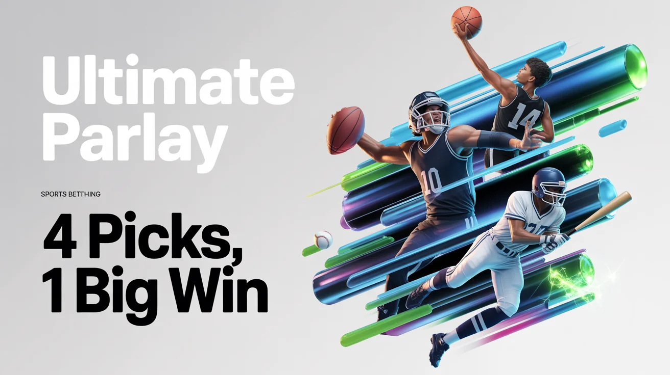 A dynamic sports betting graphic for a multi-sport parlay, featuring stylized athletes from basketball, football, and baseball, with text that reads 'ULTIMATE PARLAY' and '4 PICKS, 1 BIG WIN'.