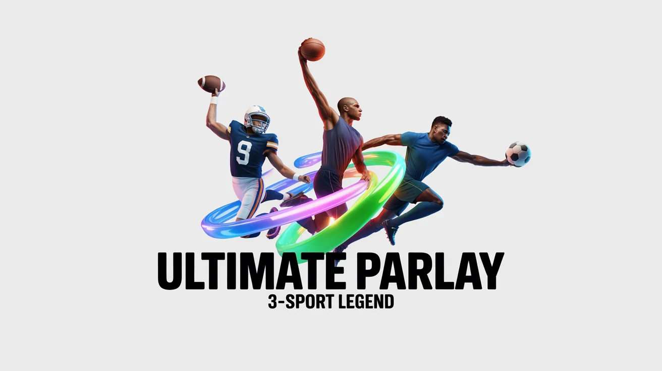 A dynamic sports parlay graphic mockup featuring a football quarterback, a basketball player, and a soccer player in action, with the title 'ULTIMATE PARLAY' and '3-SPORT LEGEND' written on it.