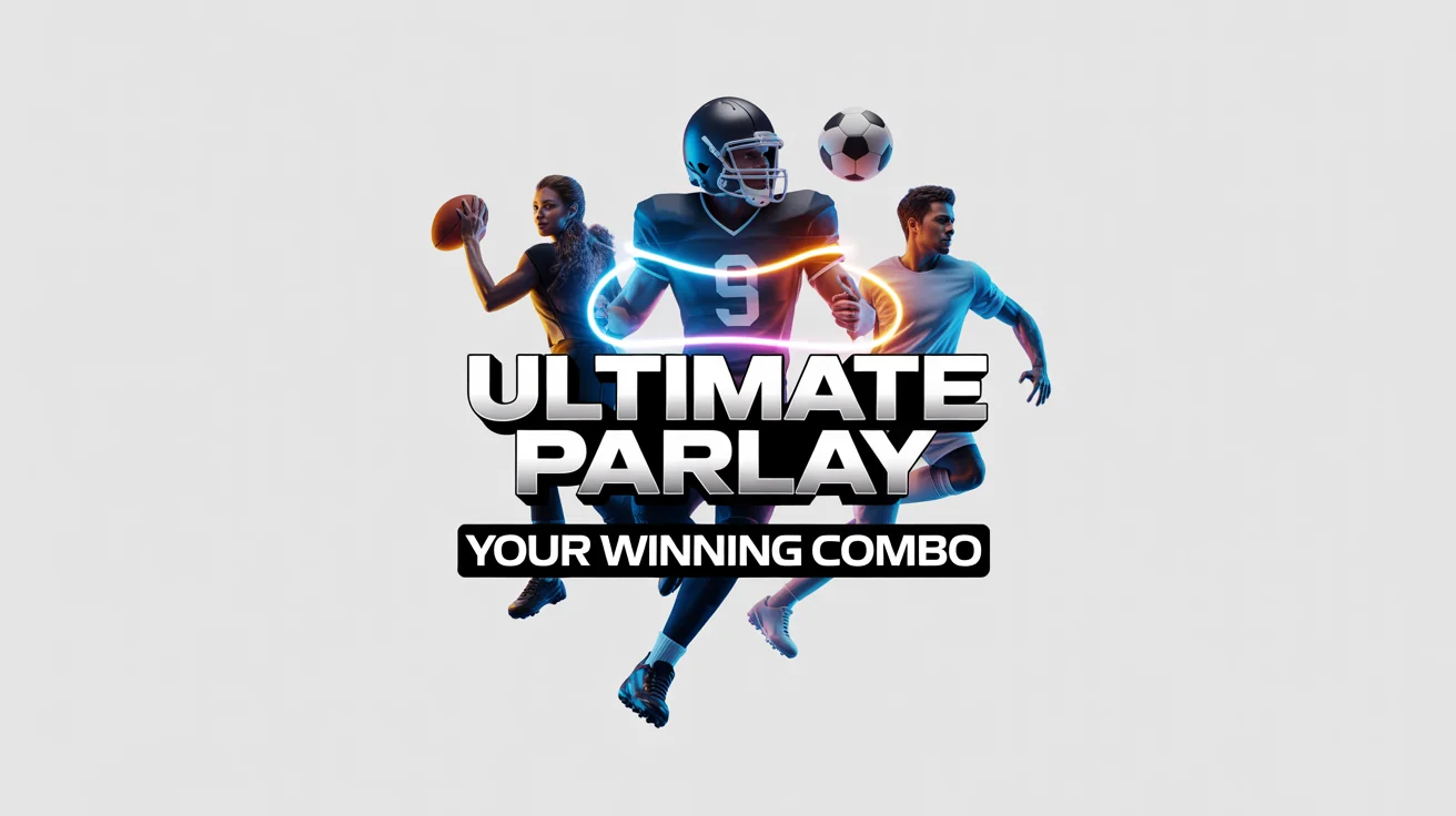 A promotional graphic for a sports parlay bet, featuring a football quarterback, a basketball player, and a soccer player in action. The text 'ULTIMATE PARLAY' is prominently displayed.