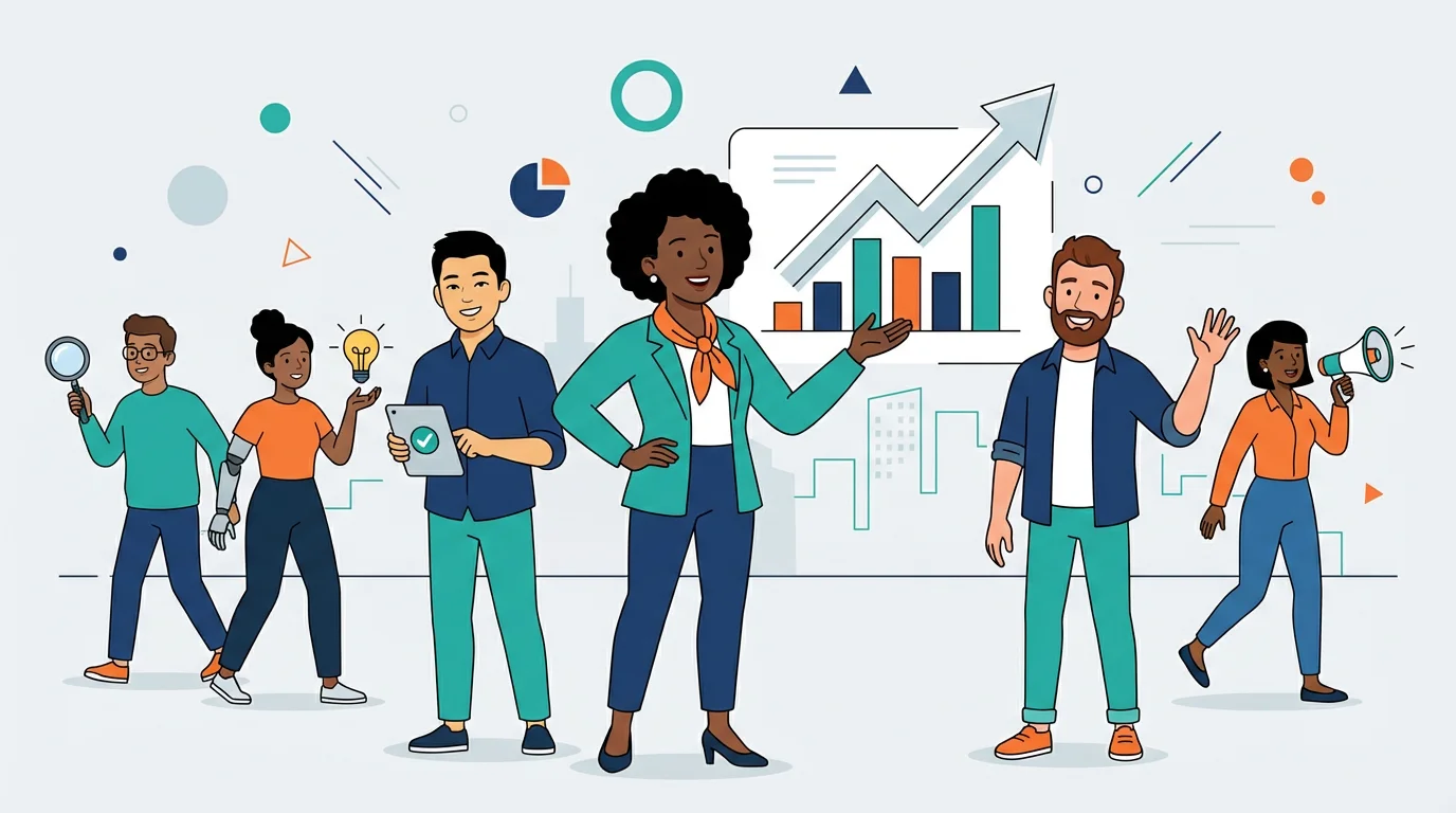 A collection of diverse, professionally designed cartoon characters for an explainer video, presented in a dynamic 16:9 composition. The characters, in a modern flat vector style, are actively presenting information against a clean, corporate background.