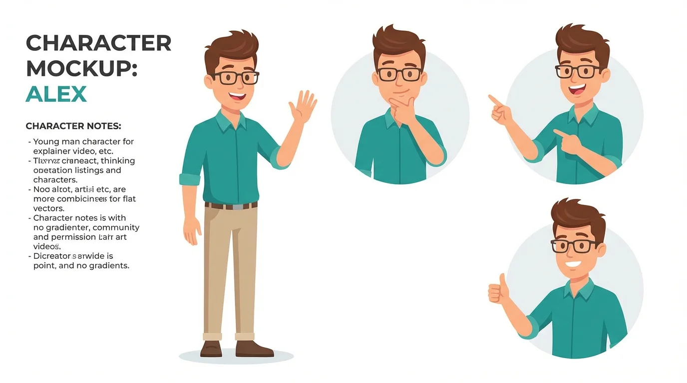 A 2D character design sheet for an explainer video, featuring a friendly man in a teal shirt in various poses and expressions, rendered in a clean, flat vector style against a white background.