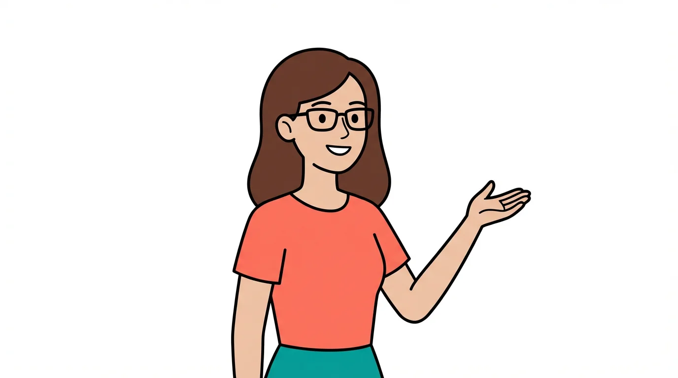 A 2D vector illustration of a friendly female character for an explainer video. She has brown hair, wears glasses, and a coral blouse, and is gesturing enthusiastically against a plain white background in a minimalist flat design style.