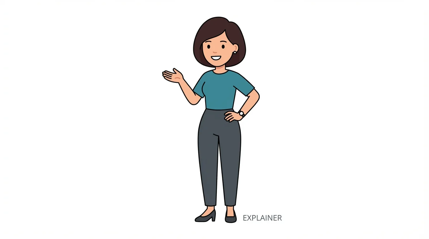 A 2D vector illustration of a friendly female character for an explainer video, dressed in business casual attire with a welcoming smile, set against a plain white background.