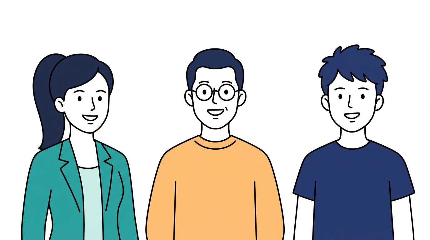 A collection of three diverse and friendly 2D vector characters designed for an explainer video, shown side-by-side against a white background.