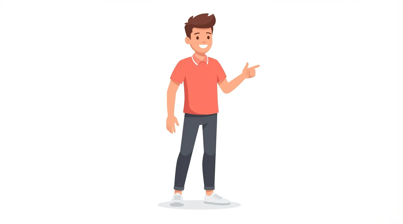 A 2D vector illustration of a friendly male character for an explainer video, dressed in smart-casual attire and gesturing happily against a white background.