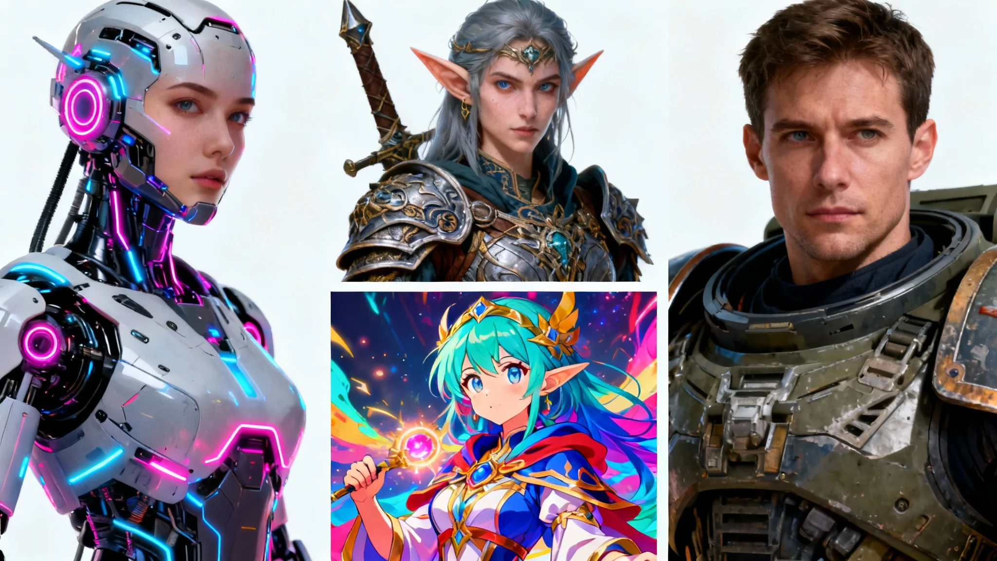 A grid of four professionally designed gaming avatars in different styles. Includes a futuristic cyborg, a fantasy elf, an anime mage, and a space marine, all on a white background.