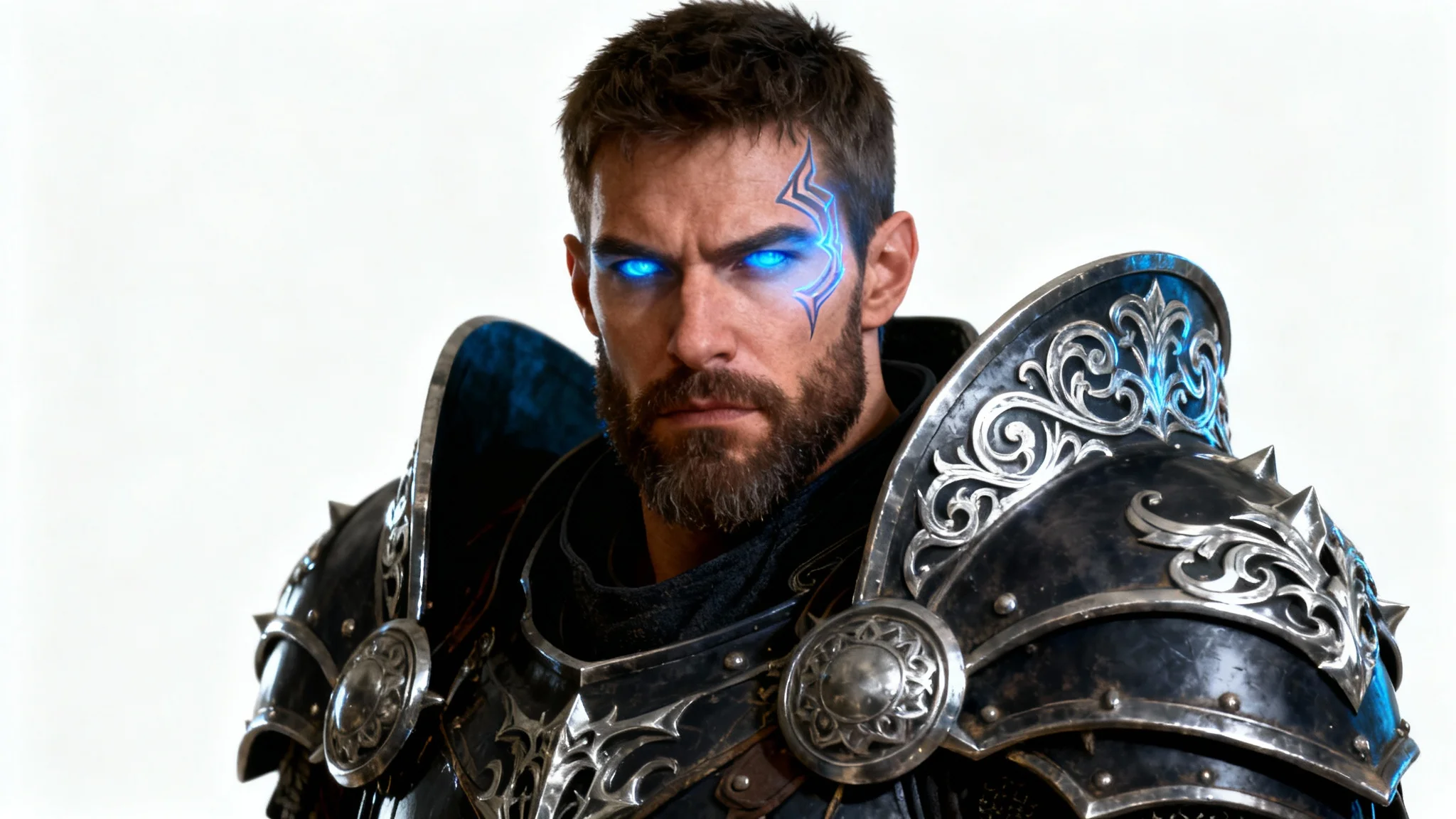 A highly detailed portrait of a male fantasy warrior gaming avatar with glowing blue eyes and a rune tattoo, wearing intricate steel armor against a solid white background.