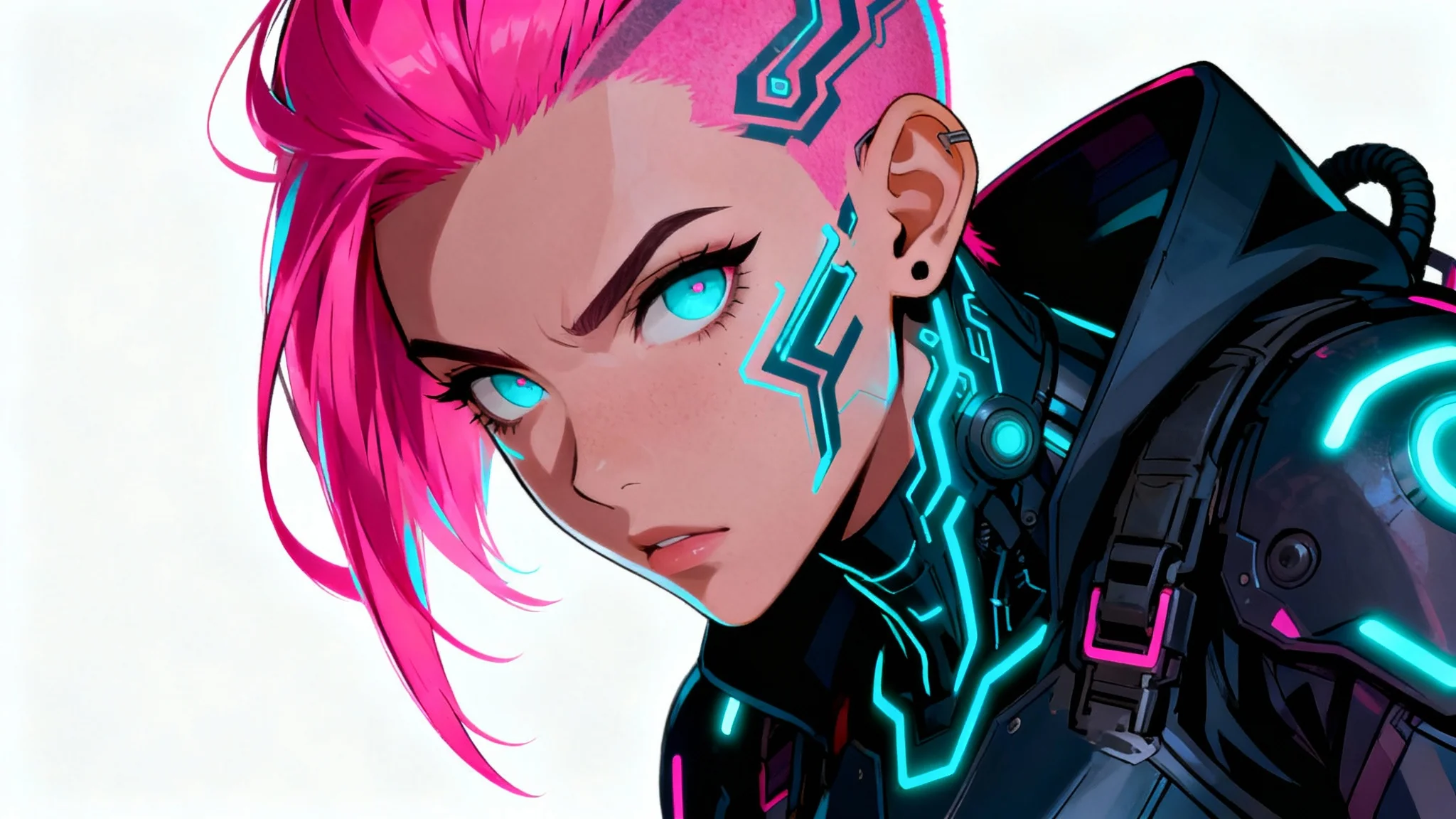 A close-up digital painting of a futuristic female gaming avatar with neon pink hair and glowing cybernetic tattoos, set against a plain white background.