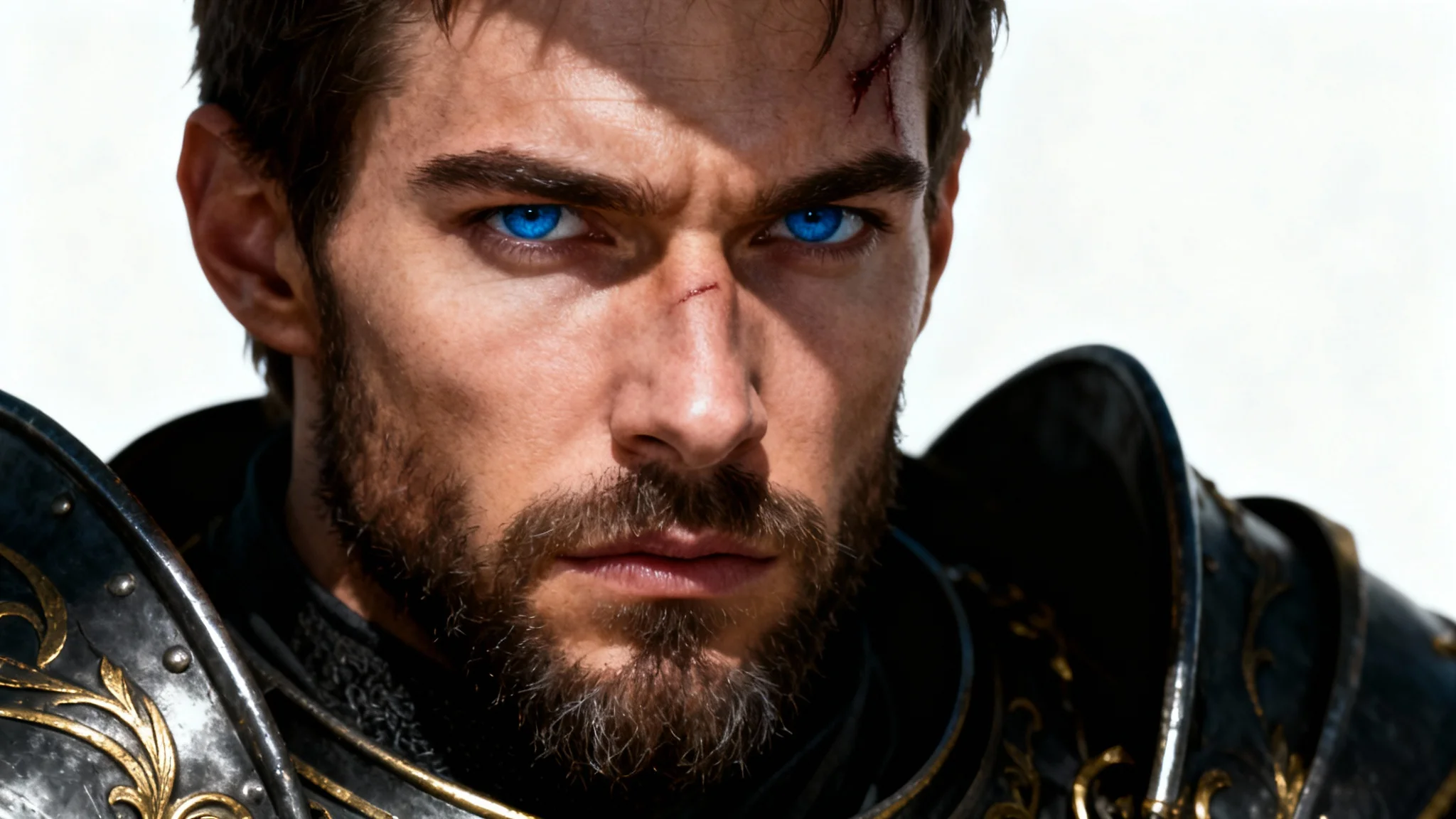 A photorealistic digital art mockup of a male fantasy warrior gaming avatar with a beard and a scar, wearing ornate armor against a plain white background.