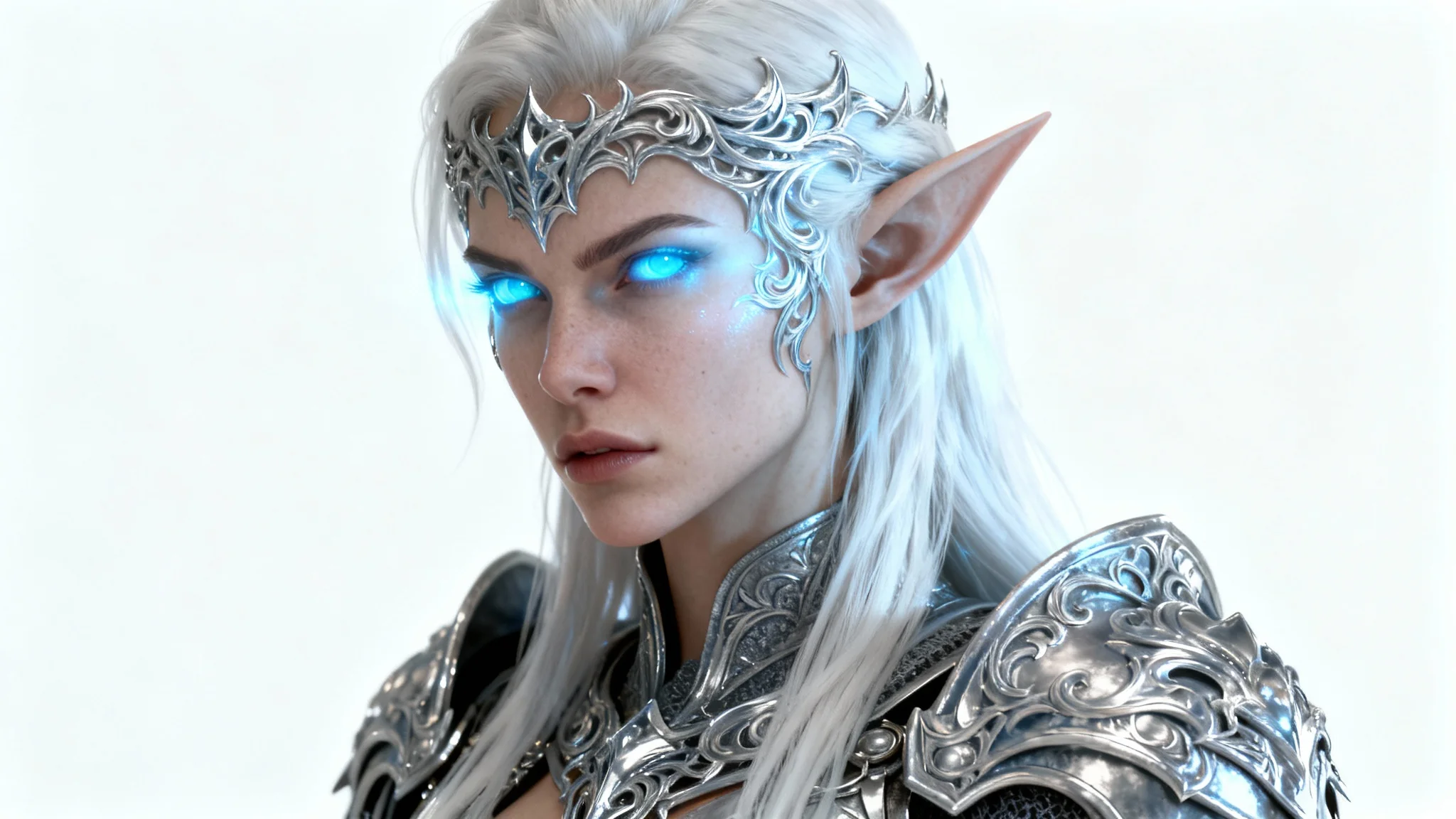 A hyper-realistic 3D gaming avatar of a female elf warrior with glowing blue eyes and silver armor, presented as a bust-up portrait on a clean white background.