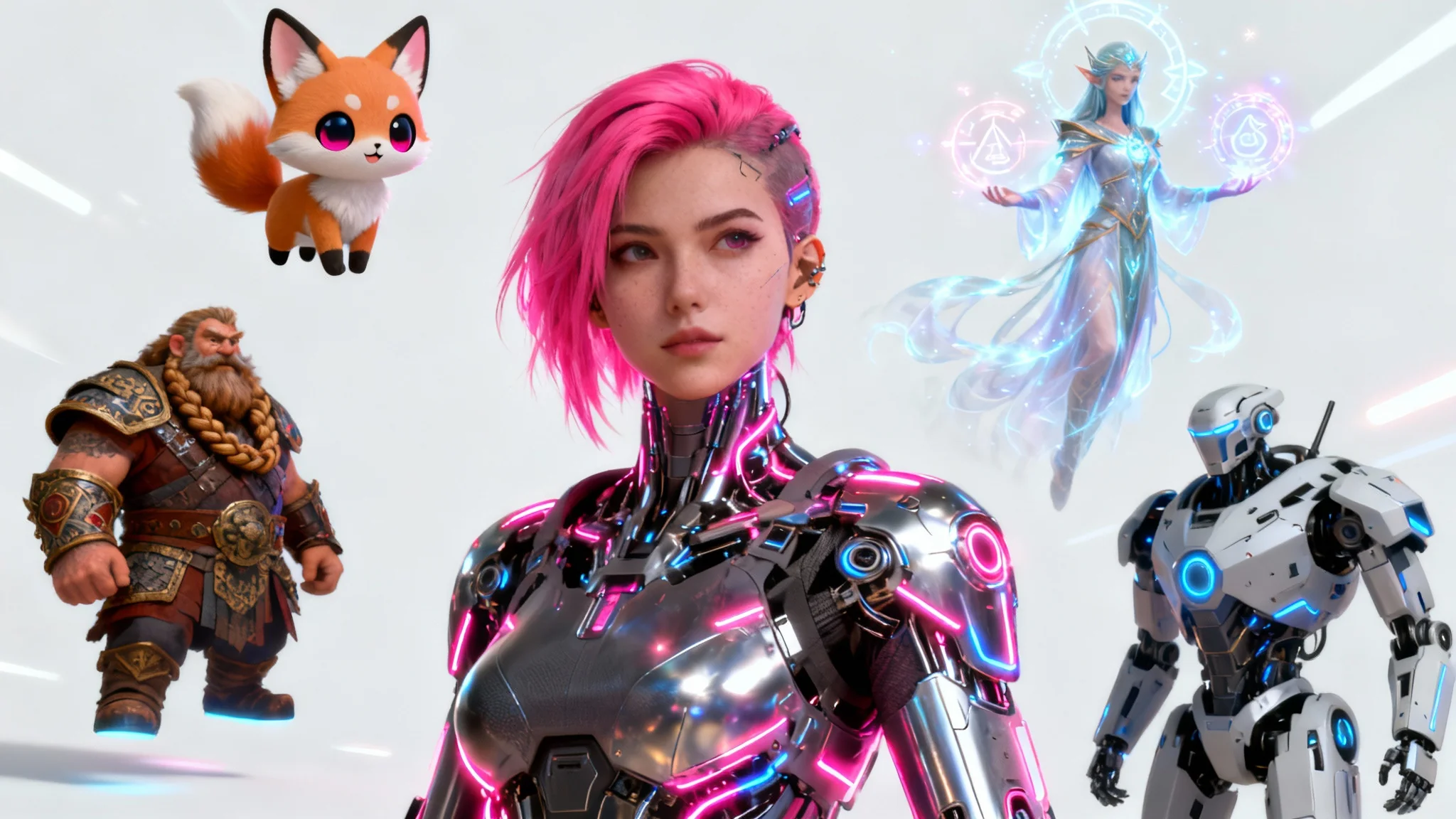 A collection of diverse, high-quality gaming avatars on a white background, featuring a central cyberpunk warrior surrounded by fantasy, anime, and robot characters.