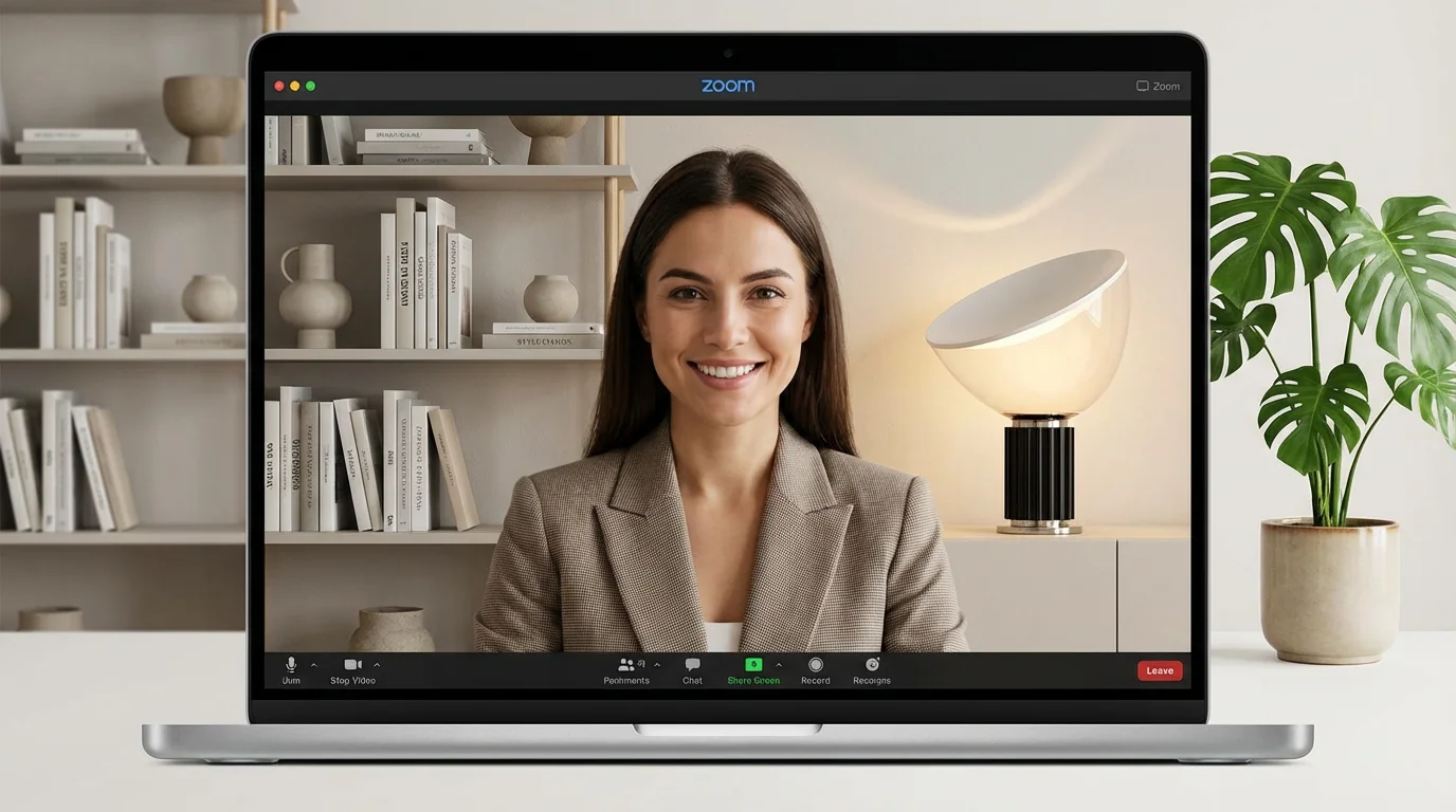 A professional woman in a video call using a custom-designed virtual background of a stylish, modern home office, showcasing the final output of a background design tool.
