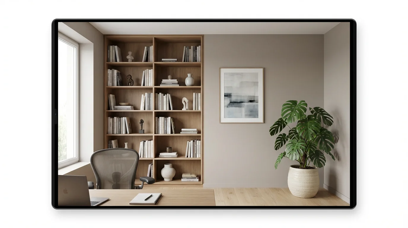 A photorealistic image of a modern and stylish home office designed to be used as a virtual background for a video call, featuring a bookshelf, a large window, and a potted plant.