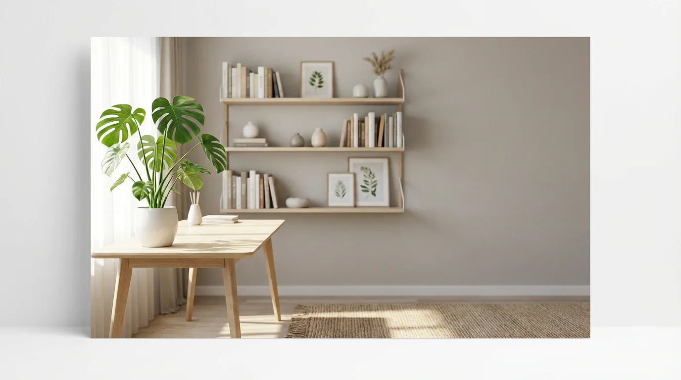 A professionally staged virtual background showing a bright, modern home office with a desk, a large plant, and bookshelves with a soft, blurred effect.
