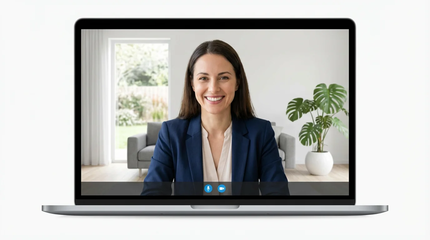 A professional-looking person in a video call, demonstrating a high-quality virtual background of a modern and bright living room with a large plant.